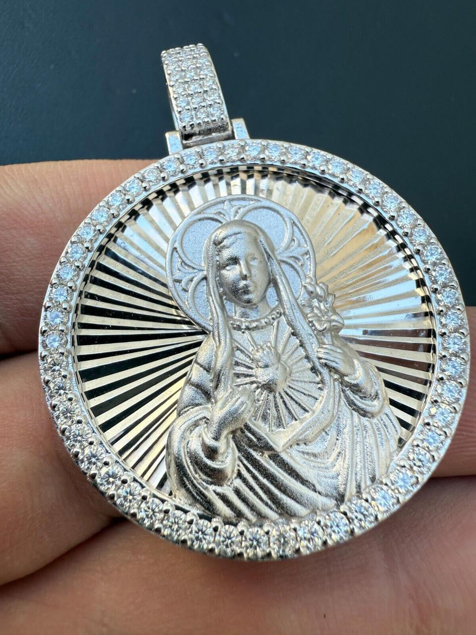 HarlemBling MOISSANITE Virgin Mary Round Medallion Pendant - 14k Gold Vermeil Or 925 Silver - Medium 2"