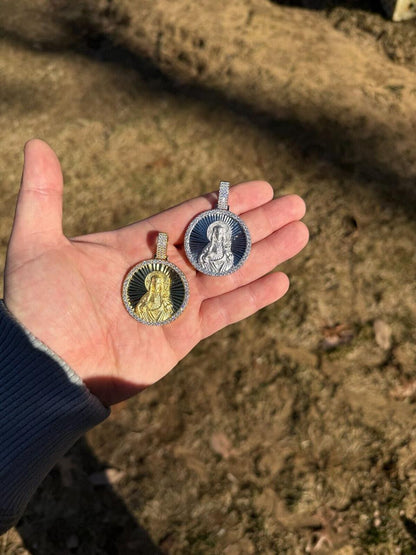 HarlemBling MOISSANITE Virgin Mary Round Medallion Pendant - 14k Gold Vermeil Or 925 Silver - Medium 2"