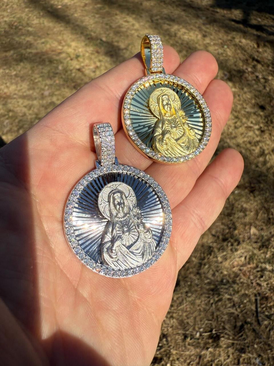 HarlemBling MOISSANITE Virgin Mary Round Medallion Pendant - 14k Gold Vermeil Or 925 Silver - Medium 2"