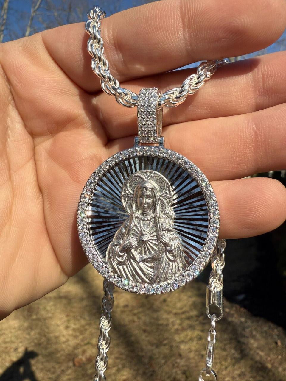 HarlemBling MOISSANITE Virgin Mary Round Medallion Pendant - 14k Gold Vermeil Or 925 Silver - Medium 2"