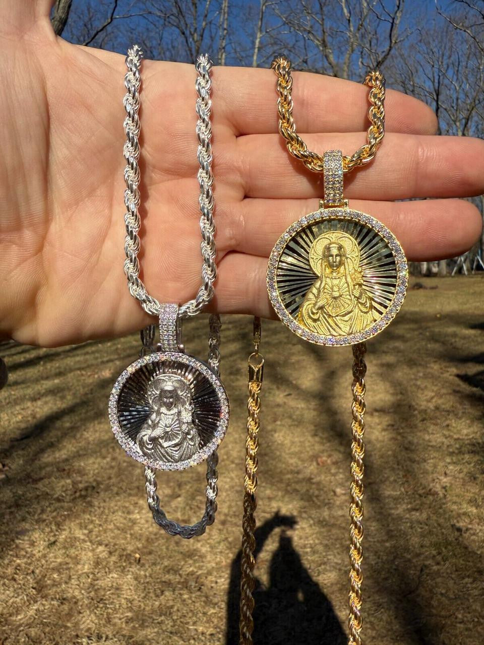 HarlemBling MOISSANITE Virgin Mary Round Medallion Pendant - 14k Gold Vermeil Or 925 Silver - Medium 2"