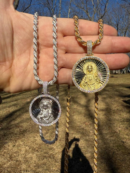 HarlemBling MOISSANITE Virgin Mary Round Medallion Pendant - 14k Gold Vermeil Or 925 Silver - Medium 2"