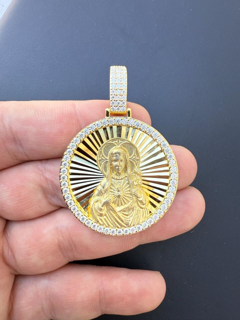 HarlemBling MOISSANITE Virgin Mary Round Medallion Pendant - 14k Gold Vermeil Or 925 Silver - Medium 2"
