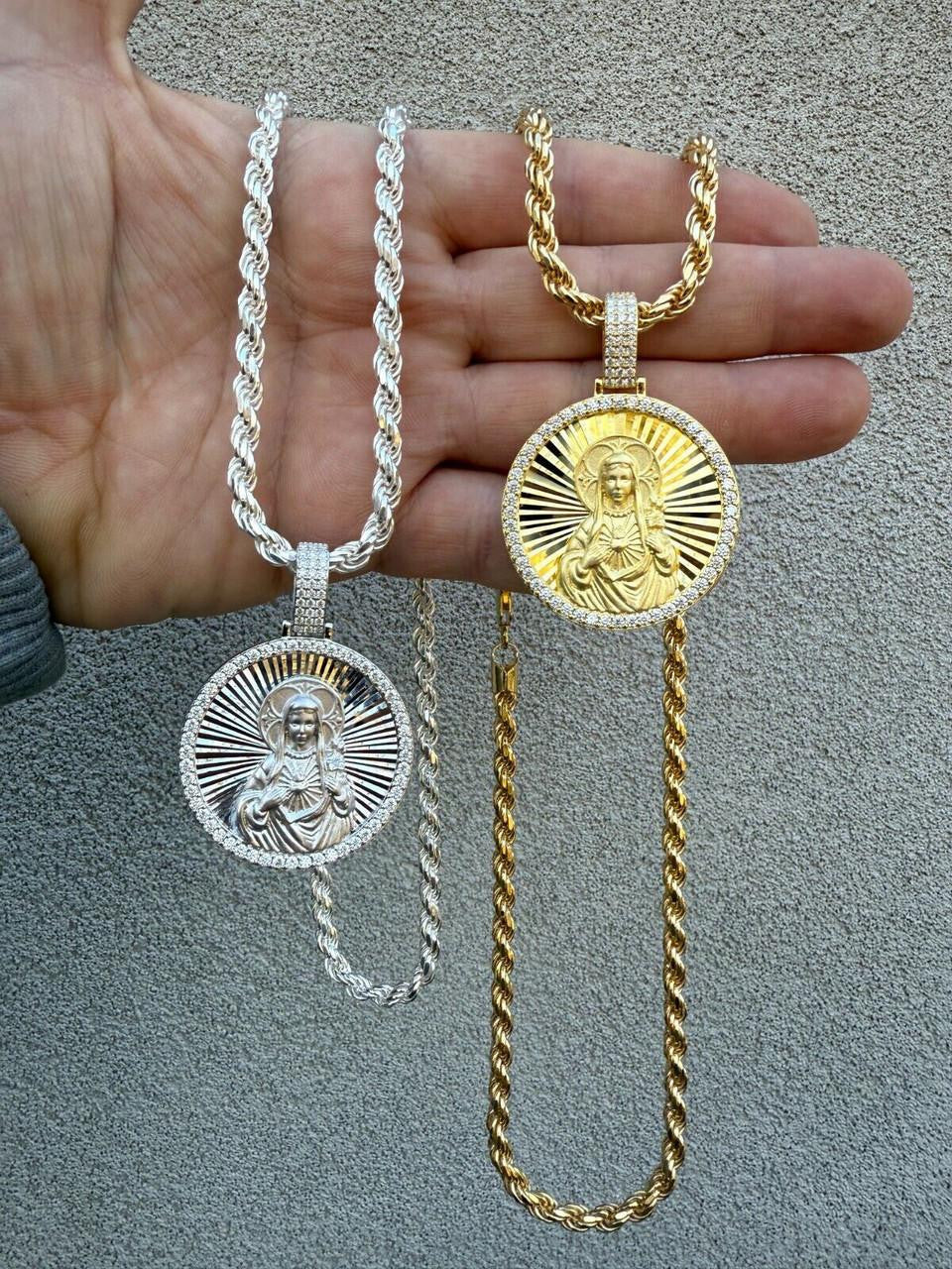 HarlemBling MOISSANITE Virgin Mary Round Medallion Pendant - 14k Gold Vermeil Or 925 Silver - Medium 2"