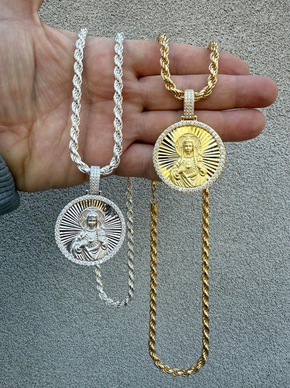 HarlemBling MOISSANITE Virgin Mary Round Medallion Pendant - 14k Gold Vermeil Or 925 Silver - Medium 2"