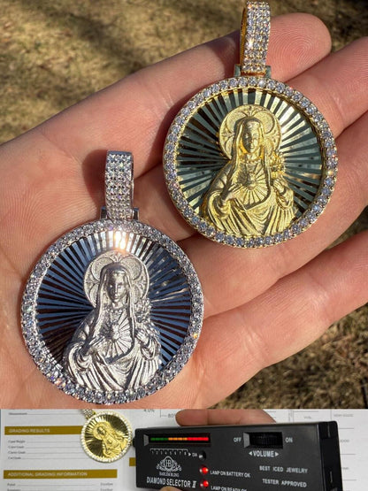 HarlemBling MOISSANITE Virgin Mary Round Medallion Pendant - 14k Gold Vermeil Or 925 Silver - Medium 2"