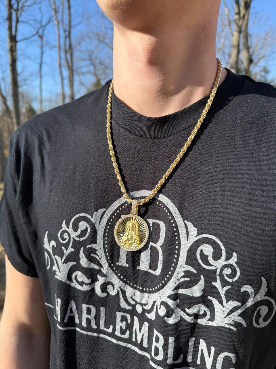 HarlemBling MOISSANITE Virgin Mary Round Medallion Pendant - 14k Gold Vermeil Or 925 Silver - Medium 2"