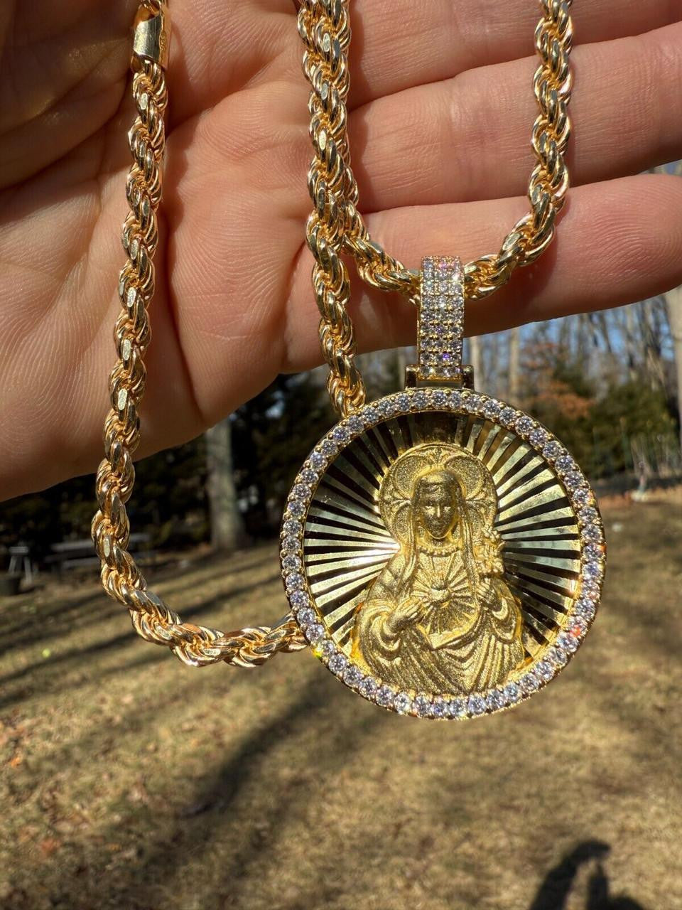 HarlemBling MOISSANITE Virgin Mary Round Medallion Pendant - 14k Gold Vermeil Or 925 Silver - Medium 2"