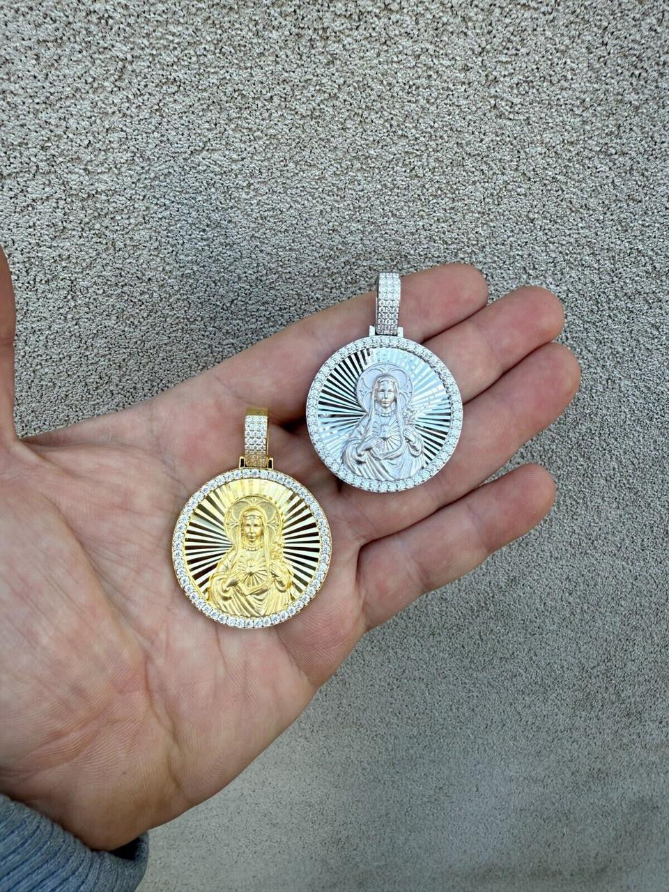 HarlemBling MOISSANITE Virgin Mary Round Medallion Pendant - 14k Gold Vermeil Or 925 Silver - Medium 2"