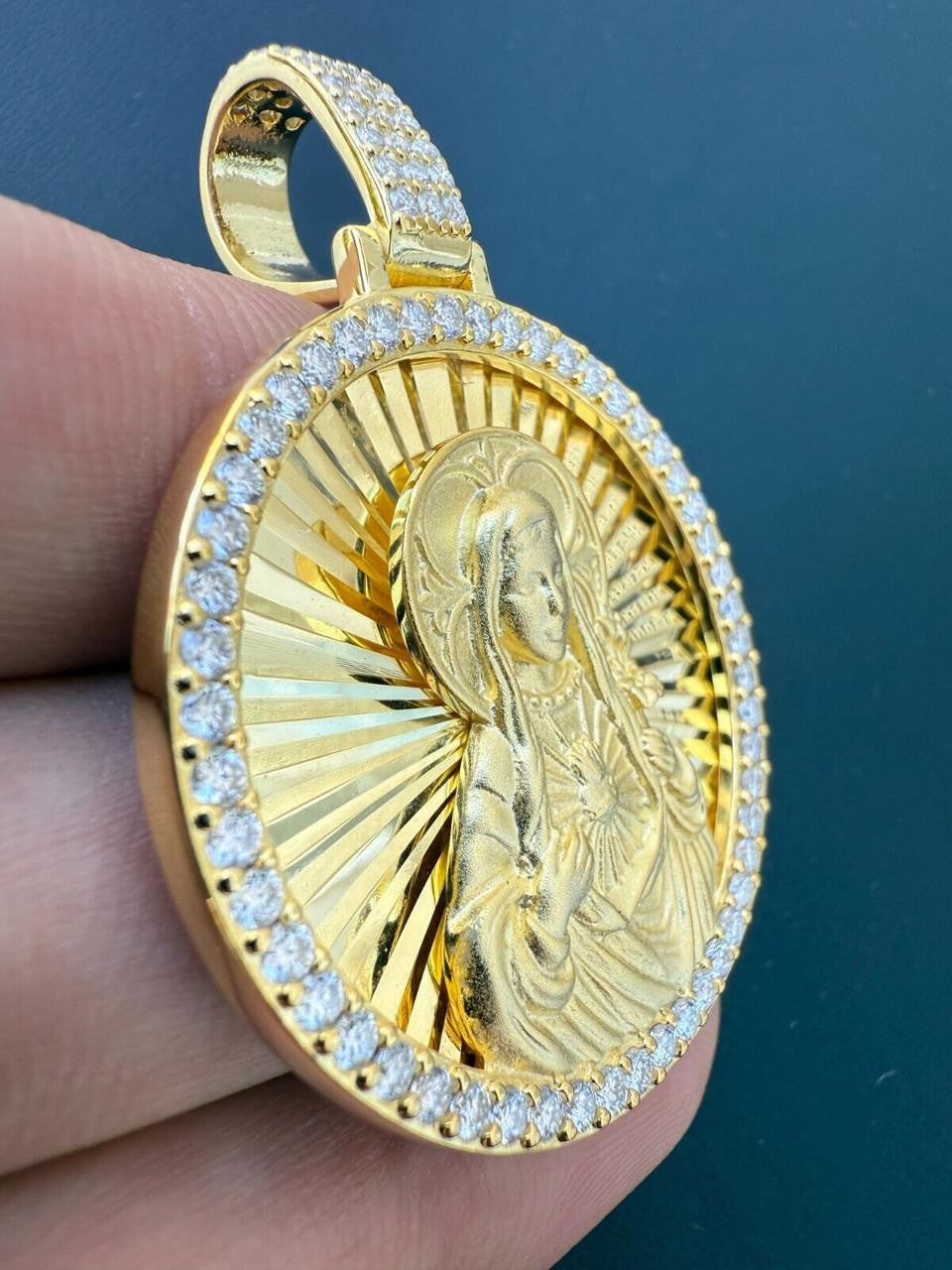 HarlemBling MOISSANITE Virgin Mary Round Medallion Pendant - 14k Gold Vermeil Or 925 Silver - Medium 2"
