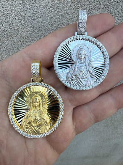 HarlemBling MOISSANITE Virgin Mary Round Medallion Pendant - 14k Gold Vermeil Or 925 Silver - Medium 2"