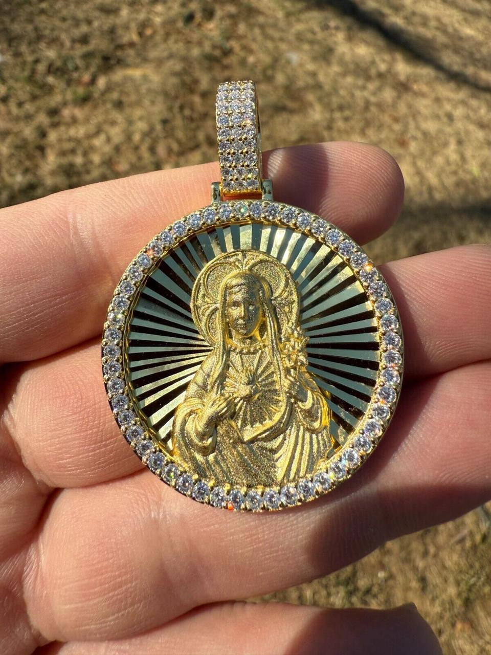 HarlemBling MOISSANITE Virgin Mary Round Medallion Pendant - 14k Gold Vermeil Or 925 Silver - Medium 2"