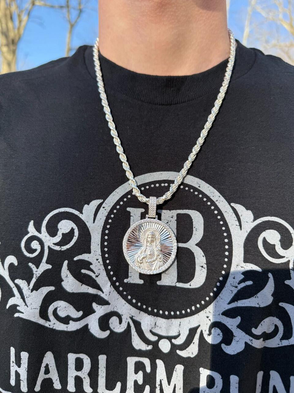 HarlemBling MOISSANITE Virgin Mary Round Medallion Pendant - 14k Gold Vermeil Or 925 Silver - Medium 2"