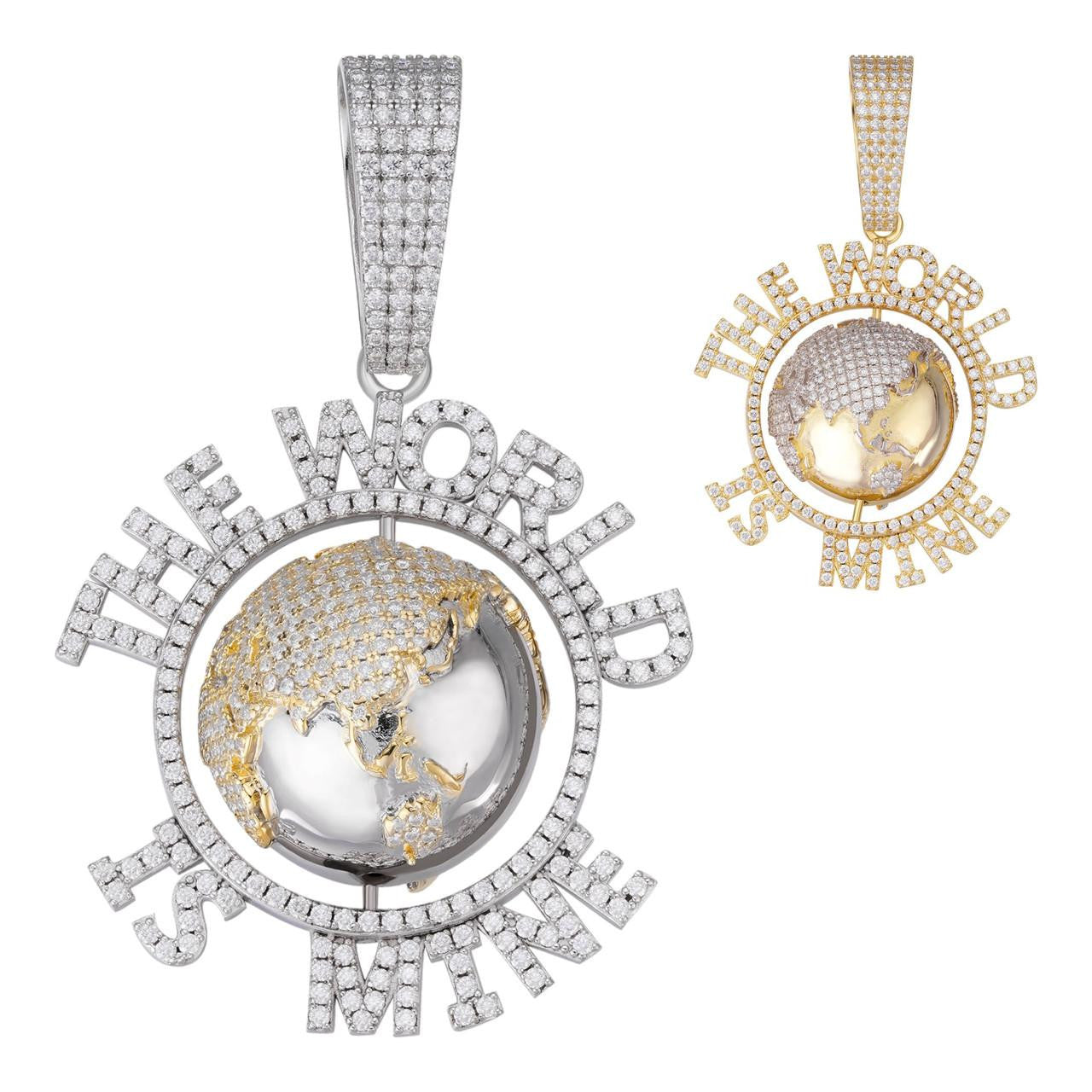 HarlemBling MOISSANITE World Is Mine Spinning Globe Hip Hop Pendant - 14k Yellow Gold Vermeil Or 925 Silver - Large 3"