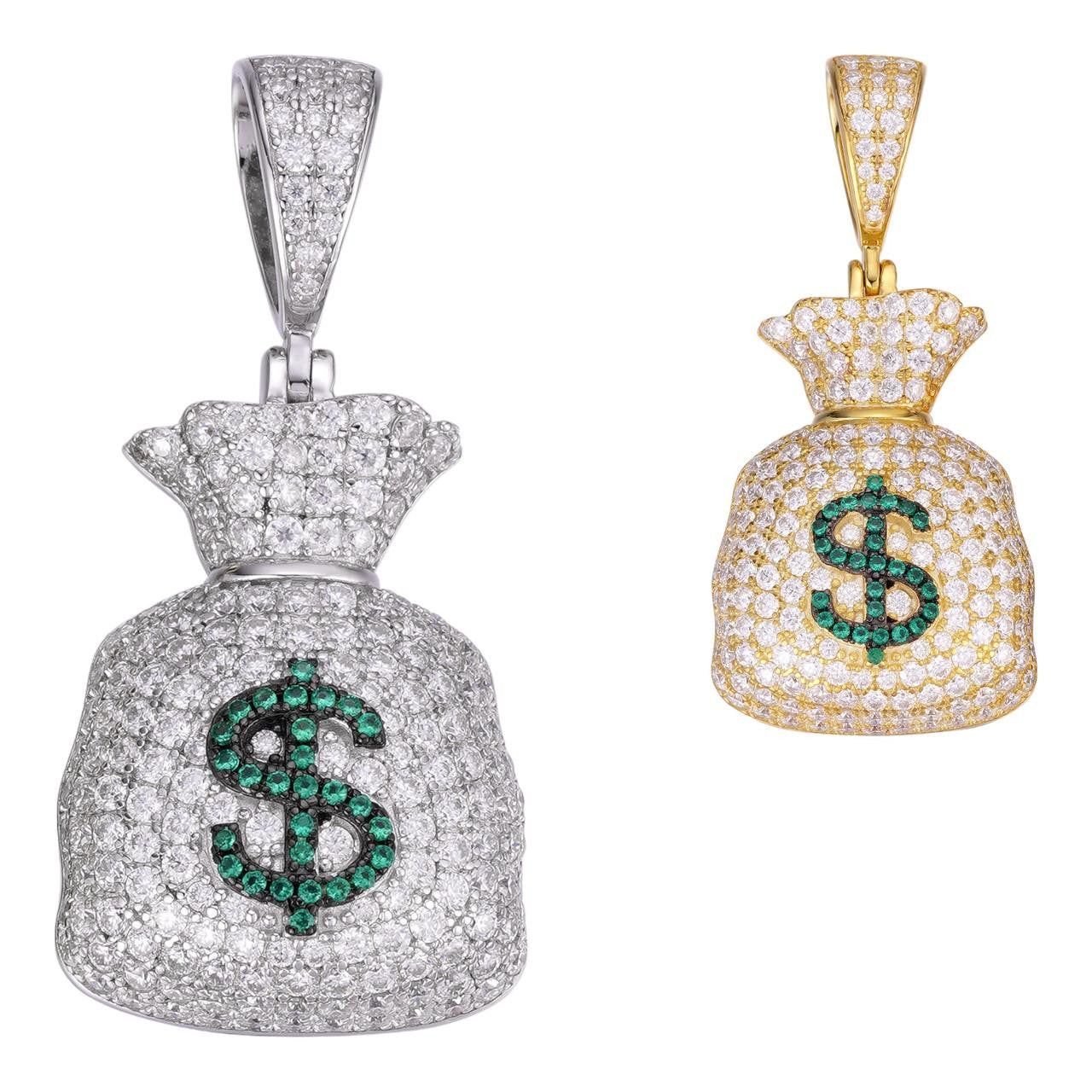 HarlemBling Money Bag Emoji Pendant - 14k Gold Vermeil Or 925 Silver - CZ Stones - Small 1.5"