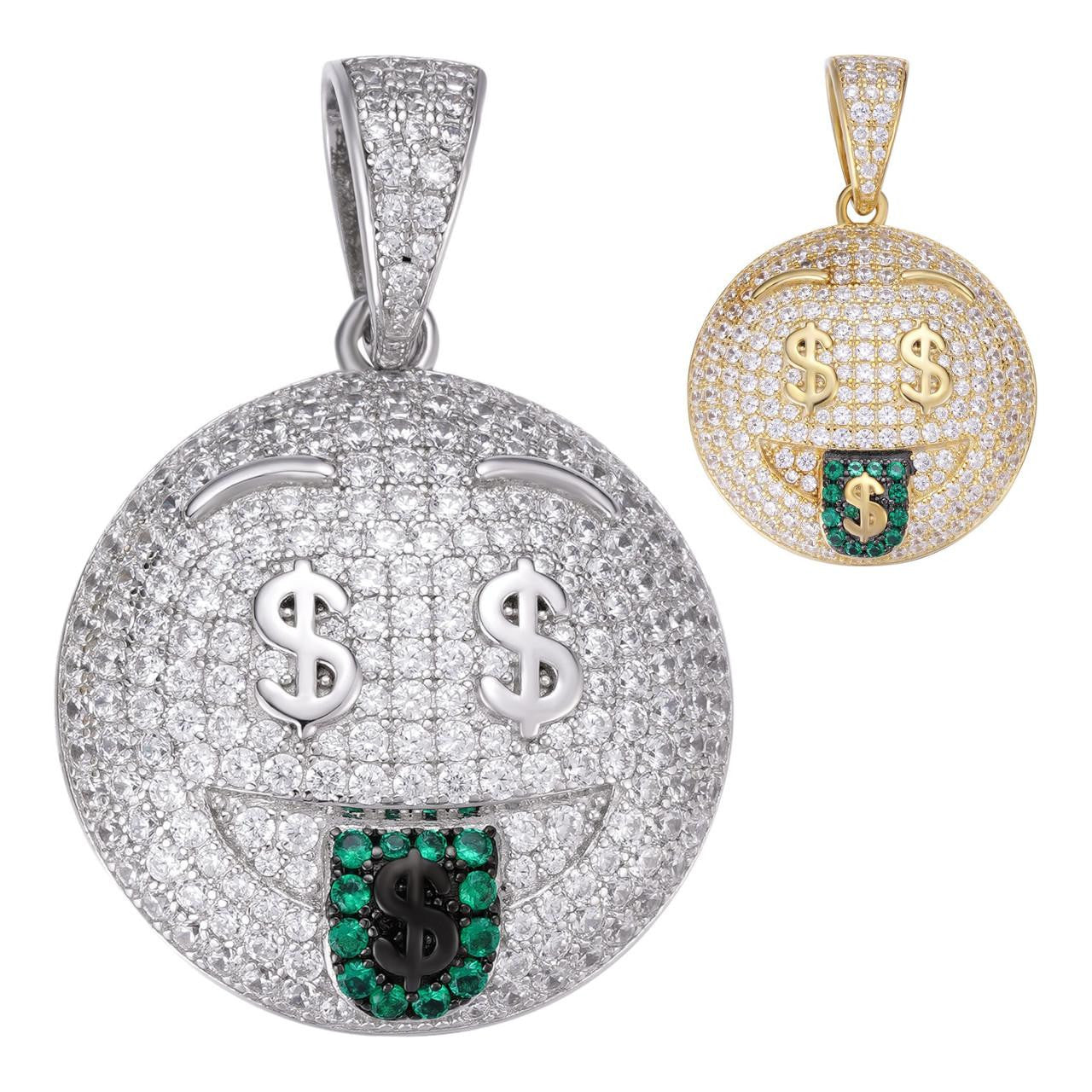 HarlemBling Money Mouth Face Emoji Hip Hop Pendant - 14k Gold Vermeil Or 925 Silver - CZ Stones - Small 1"