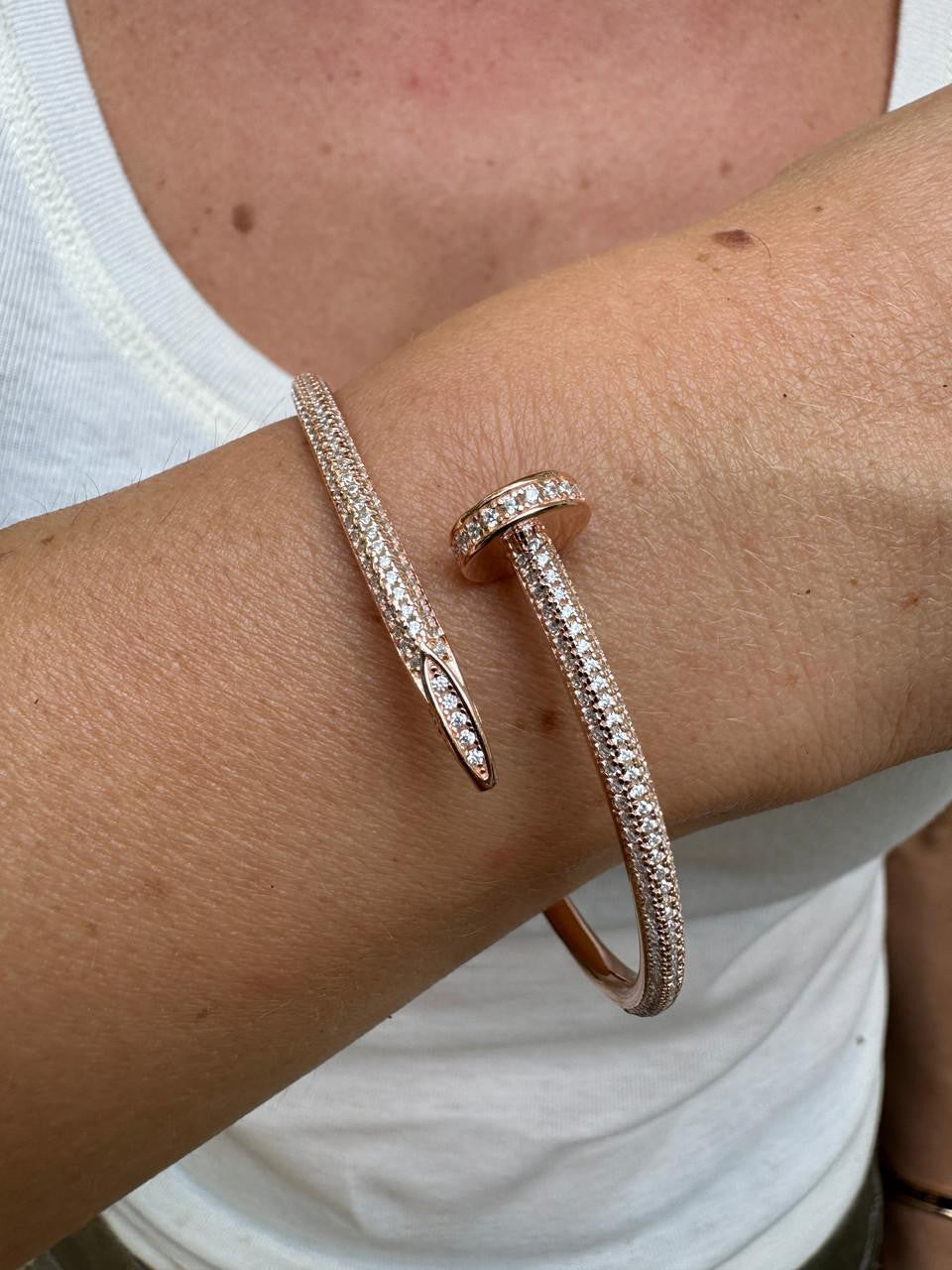 HarlemBling  Nail Bangle Bracelet Iced Out CZ Stones - 14k Rose Gold Vermeil 925 Silver - 6"-7.5"