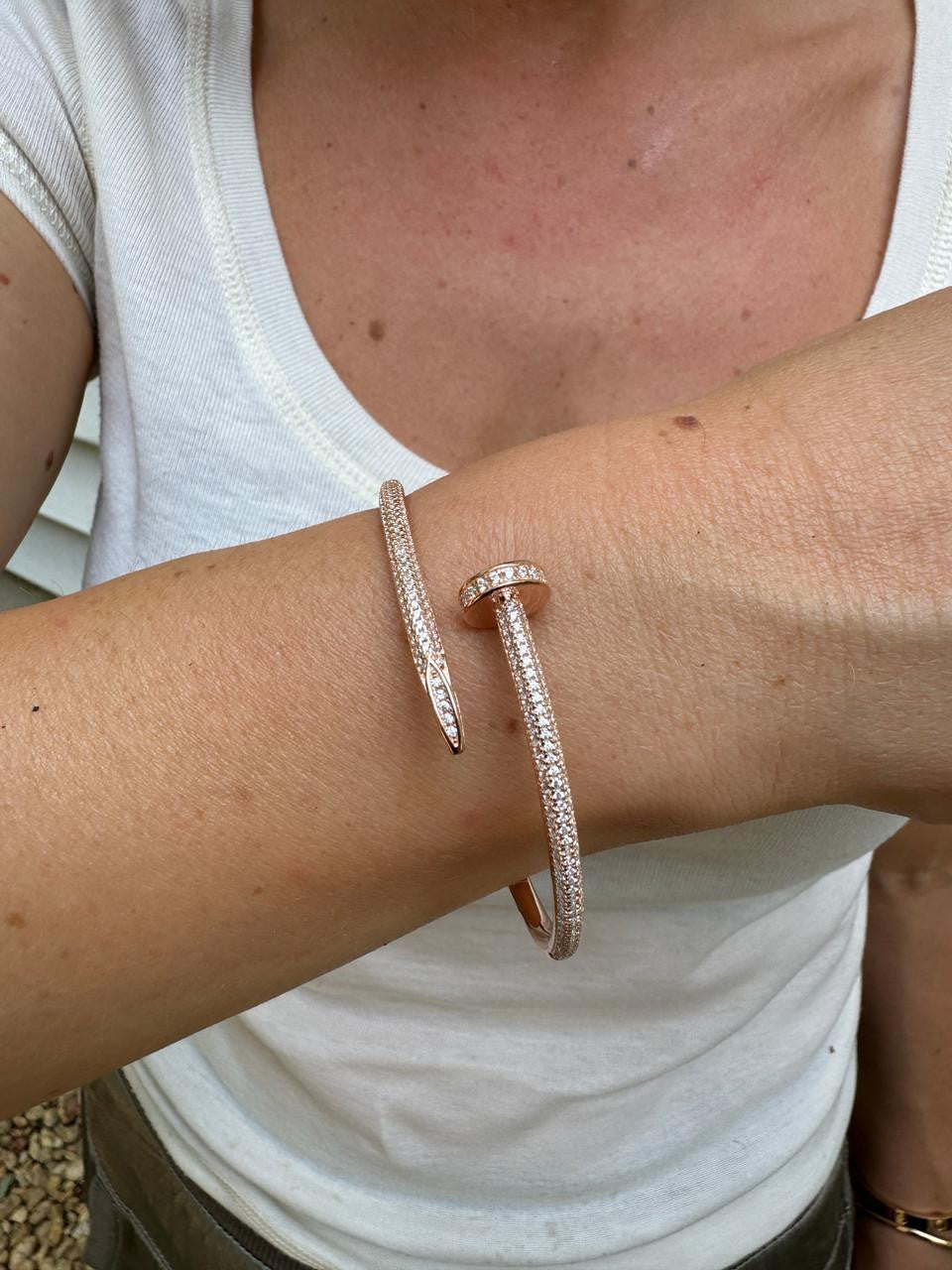 HarlemBling  Nail Bangle Bracelet Iced Out CZ Stones - 14k Rose Gold Vermeil 925 Silver - 6"-7.5"