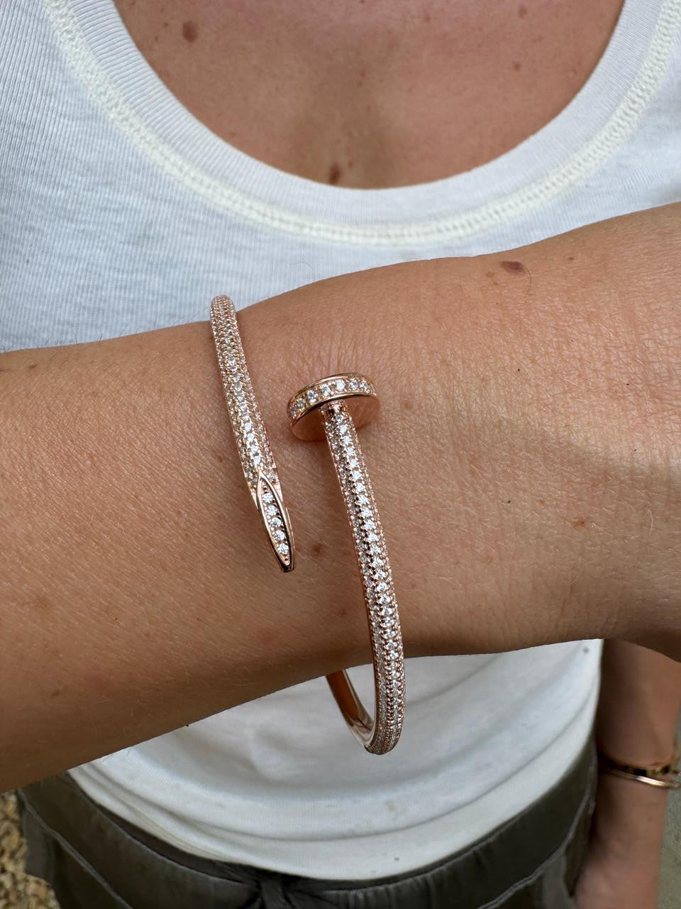 HarlemBling  Nail Bangle Bracelet Iced Out CZ Stones - 14k Rose Gold Vermeil 925 Silver - 6"-7.5"