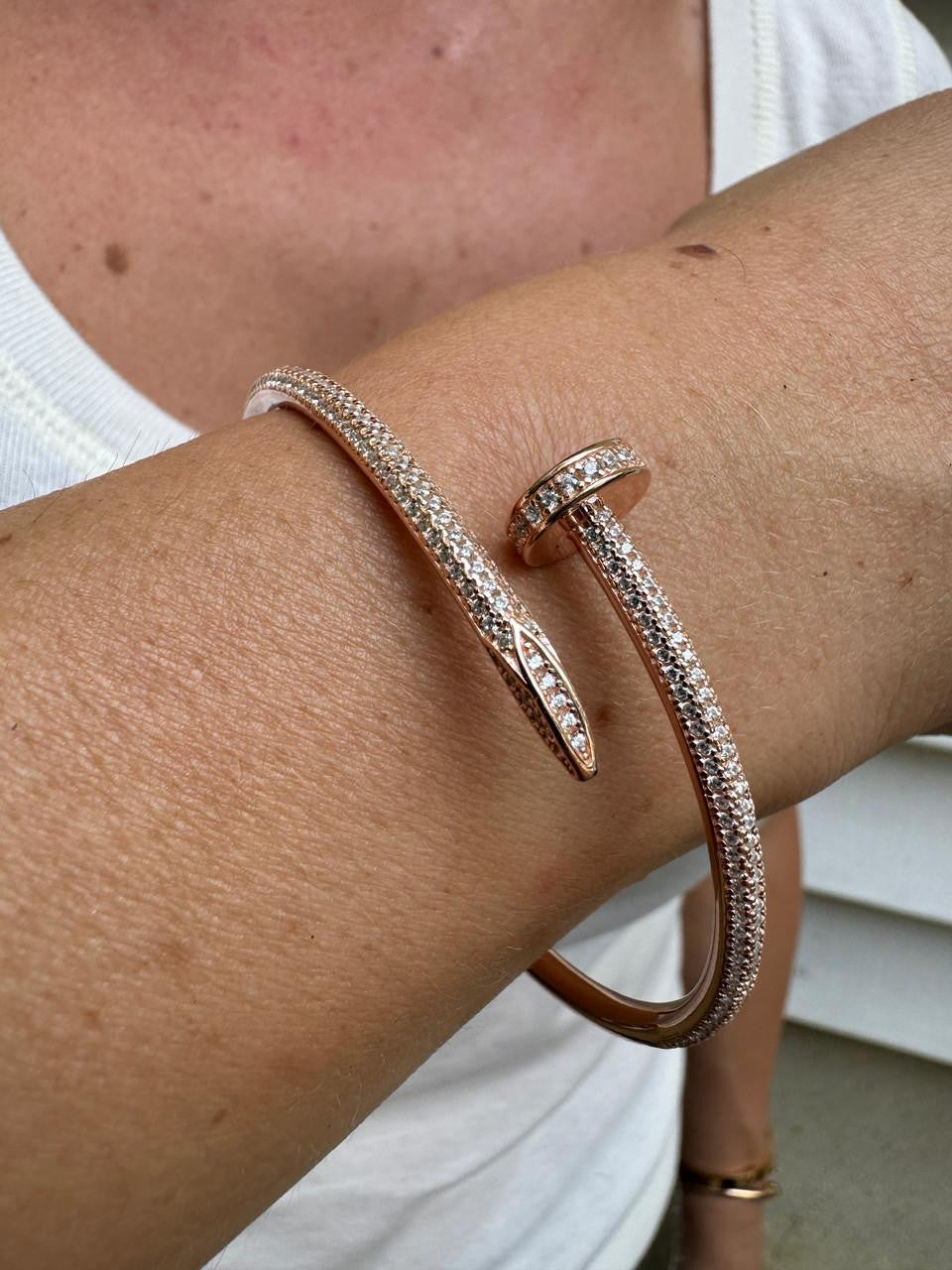 HarlemBling  Nail Bangle Bracelet Iced Out CZ Stones - 14k Rose Gold Vermeil 925 Silver - 6"-7.5"