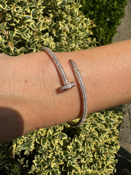 HarlemBling  Nail Bangle Bracelet Iced Out CZ Stones - 14k Rose Gold Vermeil 925 Silver - 6"-7.5"