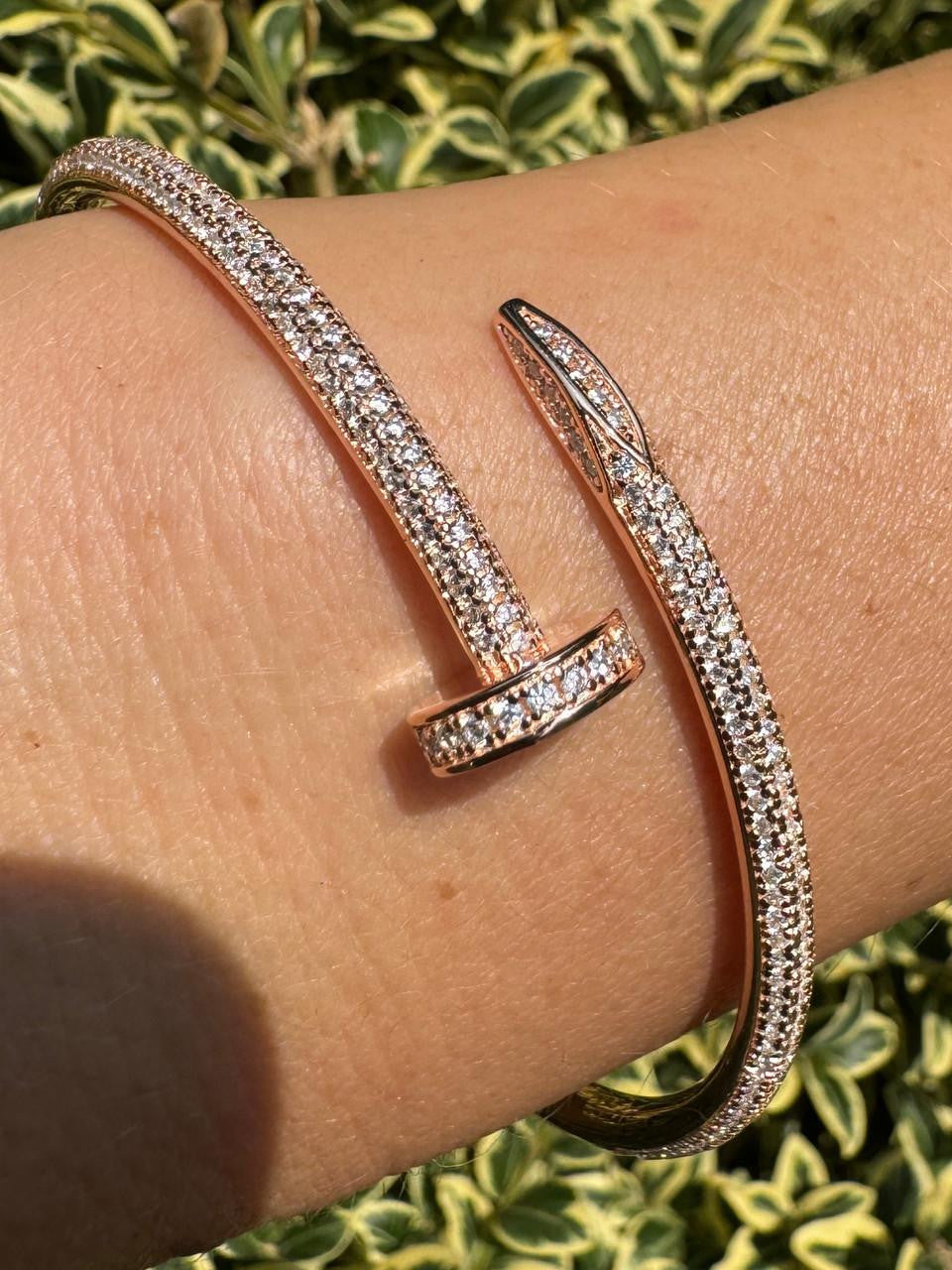 HarlemBling  Nail Bangle Bracelet Iced Out CZ Stones - 14k Rose Gold Vermeil 925 Silver - 6"-7.5"