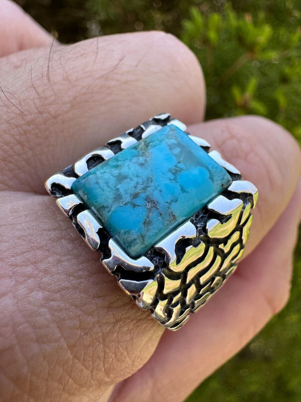 HarlemBling Natural Blue Turquoise Gemstone Mens Real Solid 925 Silver Handmade Nugget Ring