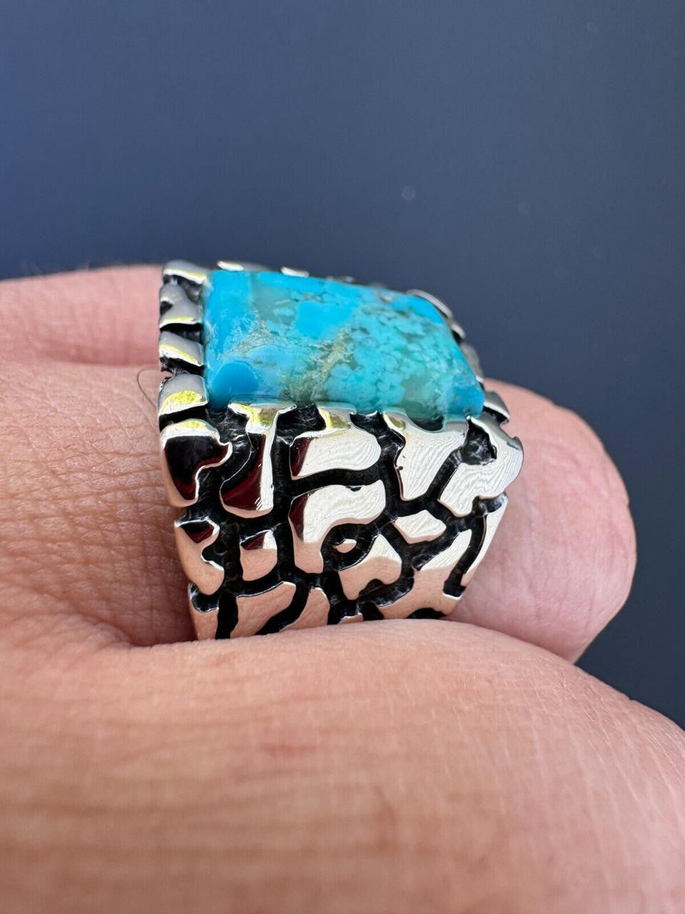 HarlemBling Natural Blue Turquoise Gemstone Mens Real Solid 925 Silver Handmade Nugget Ring