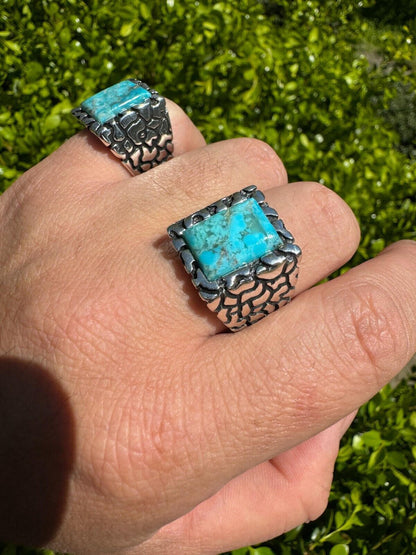 HarlemBling Natural Blue Turquoise Gemstone Mens Real Solid 925 Silver Handmade Nugget Ring