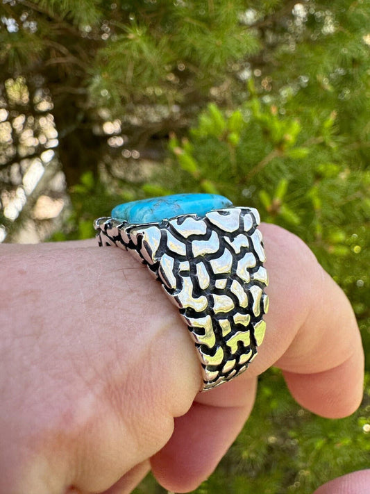 HarlemBling Natural Blue Turquoise Gemstone Mens Real Solid 925 Silver Handmade Nugget Ring