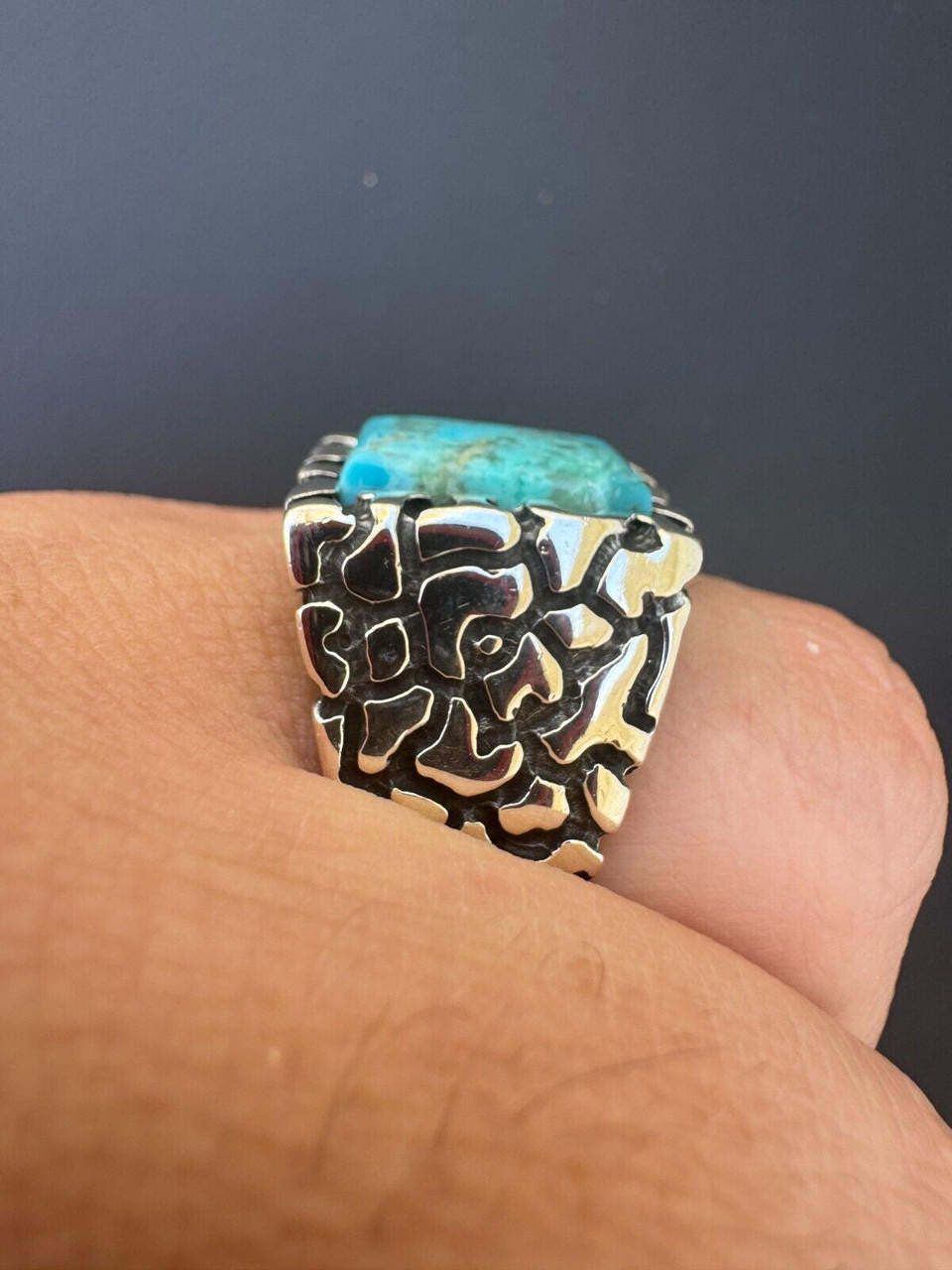 HarlemBling Natural Blue Turquoise Gemstone Mens Real Solid 925 Silver Handmade Nugget Ring