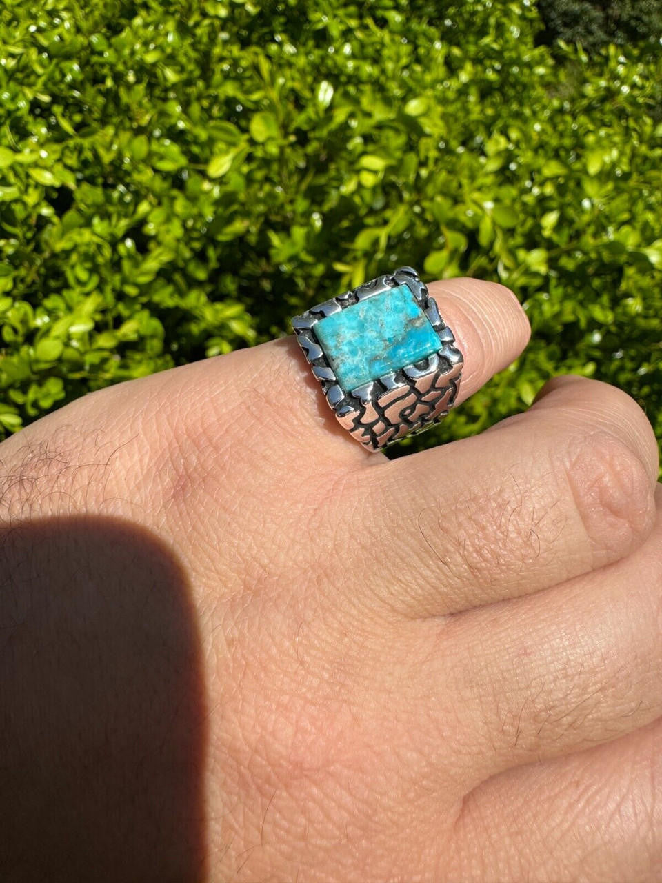 HarlemBling Natural Blue Turquoise Gemstone Mens Real Solid 925 Silver Handmade Nugget Ring