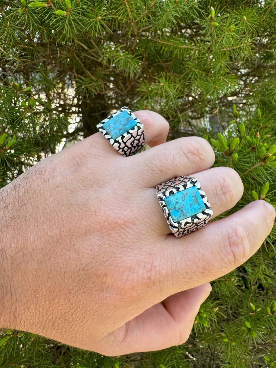 HarlemBling Natural Blue Turquoise Gemstone Mens Real Solid 925 Silver Handmade Nugget Ring