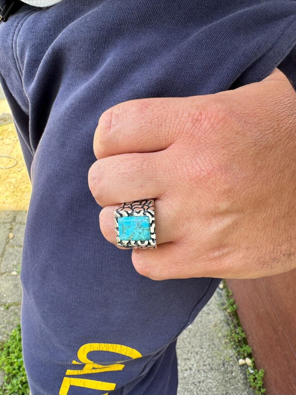 HarlemBling Natural Blue Turquoise Gemstone Mens Real Solid 925 Silver Handmade Nugget Ring