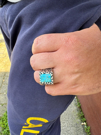 HarlemBling Natural Blue Turquoise Gemstone Mens Real Solid 925 Silver Handmade Nugget Ring