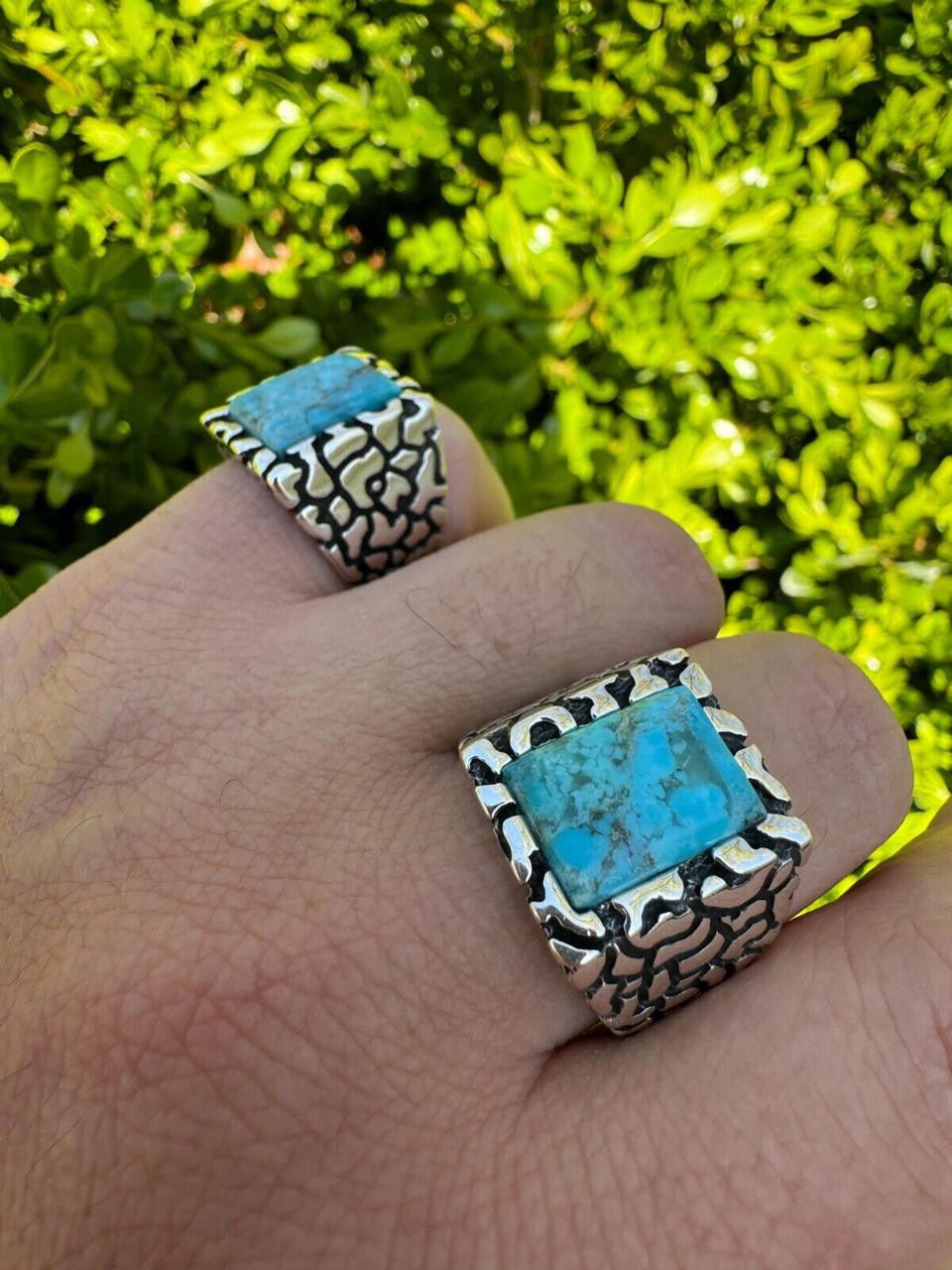 HarlemBling Natural Blue Turquoise Gemstone Mens Real Solid 925 Silver Handmade Nugget Ring