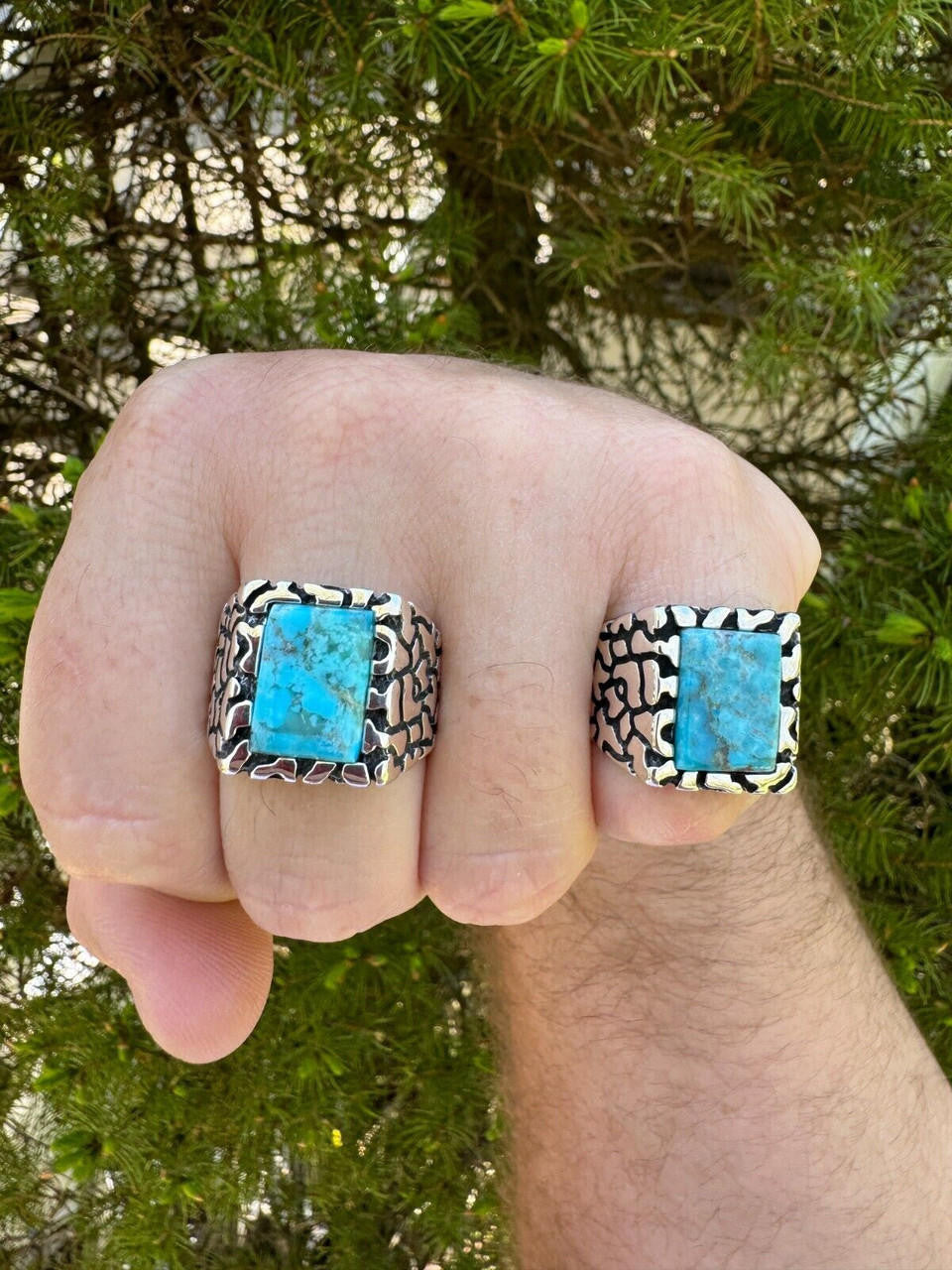 HarlemBling Natural Blue Turquoise Gemstone Mens Real Solid 925 Silver Handmade Nugget Ring