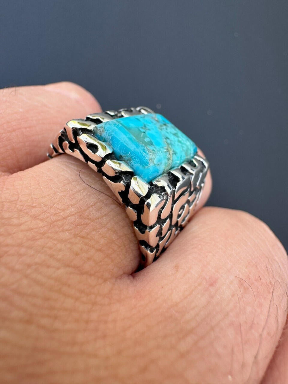 HarlemBling Natural Blue Turquoise Gemstone Mens Real Solid 925 Silver Handmade Nugget Ring