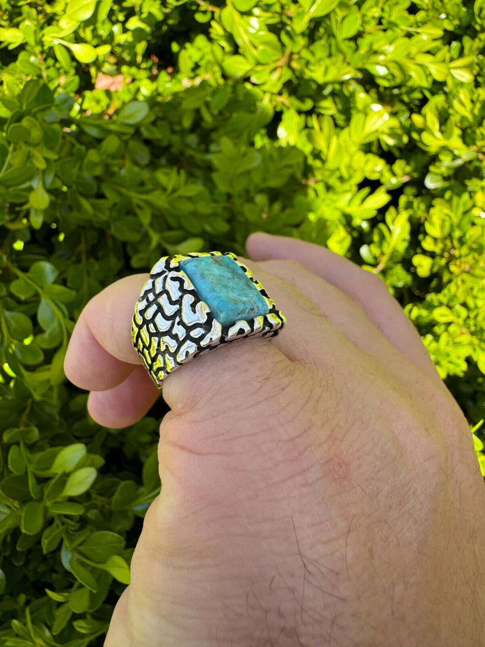 HarlemBling Natural Blue Turquoise Gemstone Mens Real Solid 925 Silver Handmade Nugget Ring