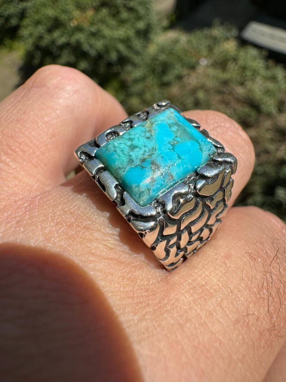 HarlemBling Natural Blue Turquoise Gemstone Mens Real Solid 925 Silver Handmade Nugget Ring