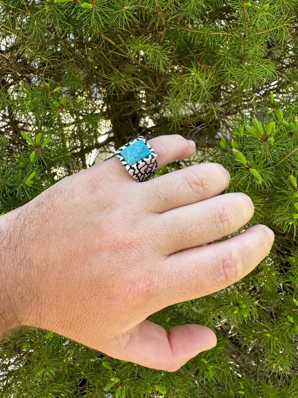 HarlemBling Natural Blue Turquoise Gemstone Mens Real Solid 925 Silver Handmade Nugget Ring