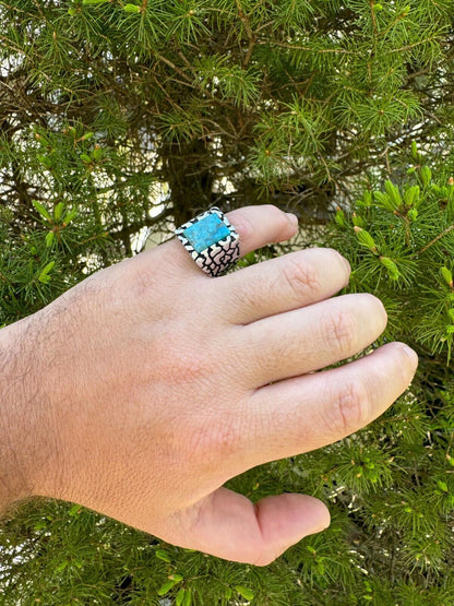HarlemBling Natural Blue Turquoise Gemstone Mens Real Solid 925 Silver Handmade Nugget Ring