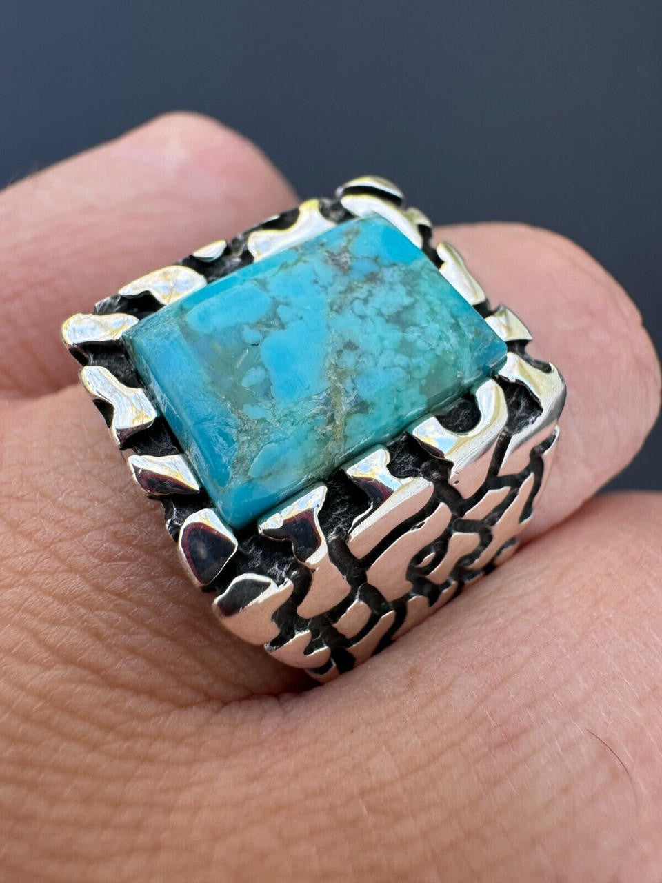 HarlemBling Natural Blue Turquoise Gemstone Mens Real Solid 925 Silver Handmade Nugget Ring