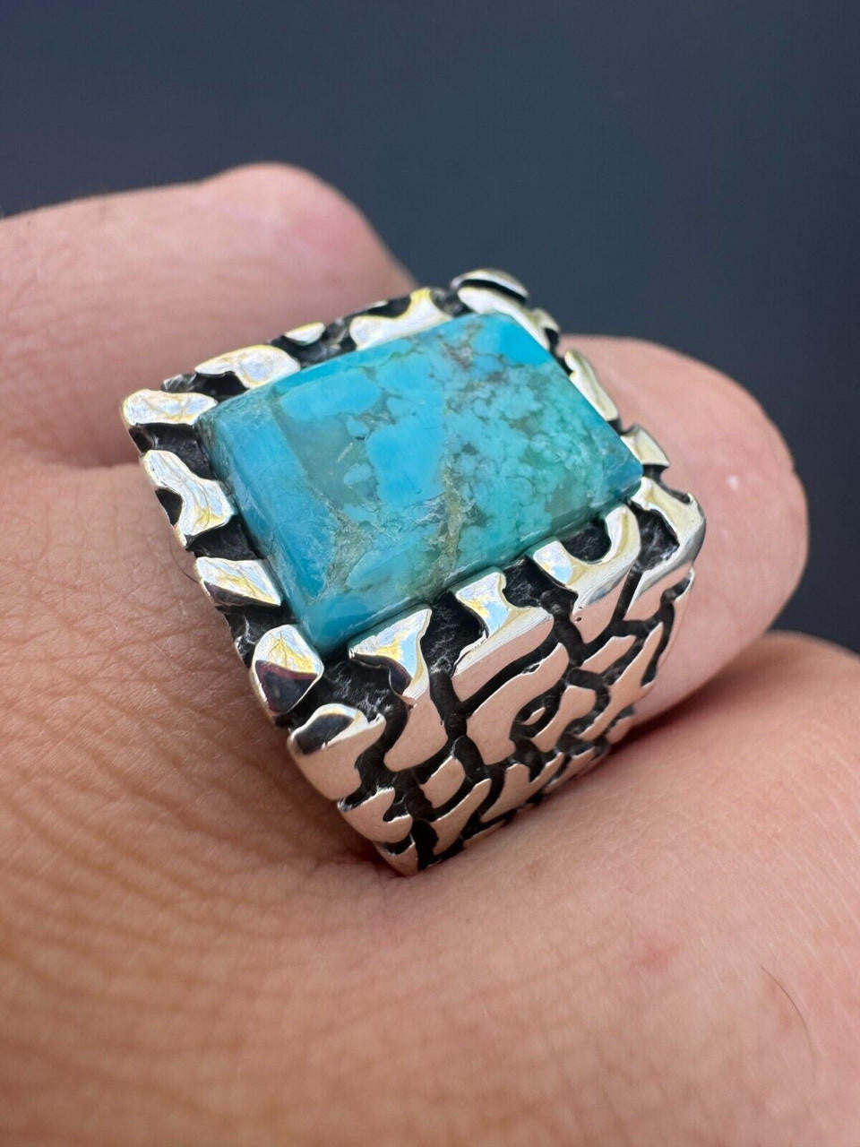 HarlemBling Natural Blue Turquoise Gemstone Mens Real Solid 925 Silver Handmade Nugget Ring