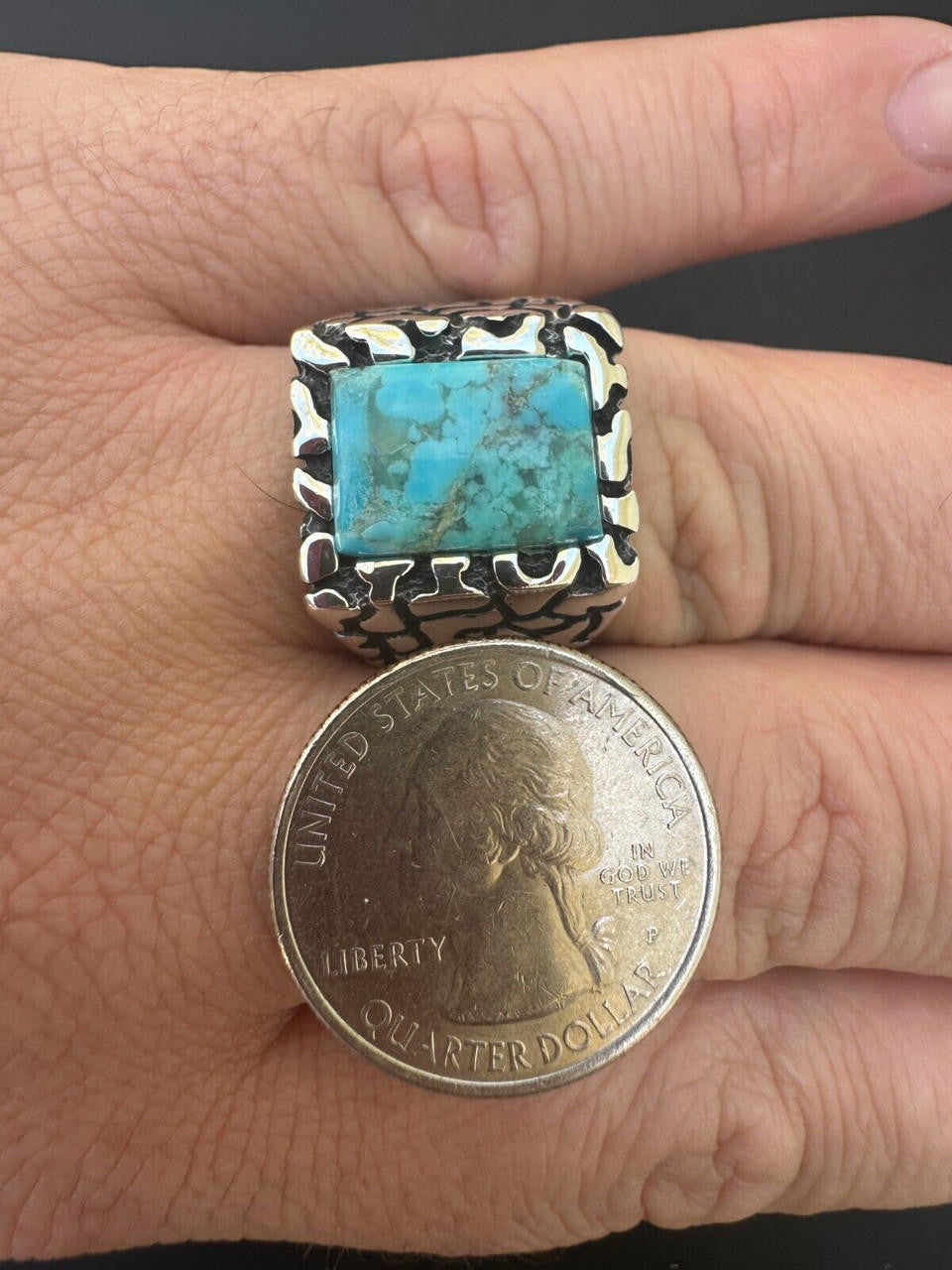 HarlemBling Natural Blue Turquoise Gemstone Mens Real Solid 925 Silver Handmade Nugget Ring