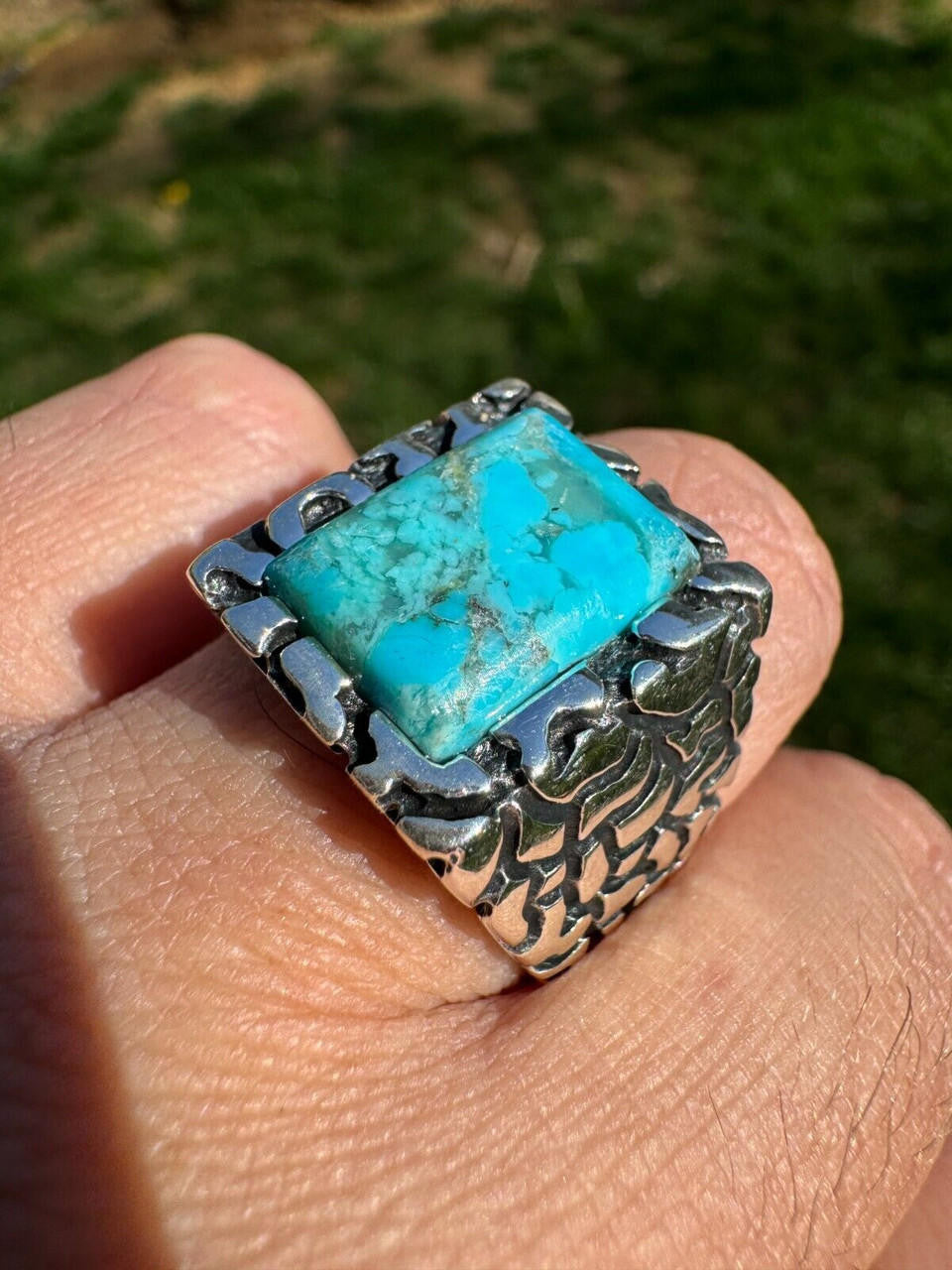 HarlemBling Natural Blue Turquoise Gemstone Mens Real Solid 925 Silver Handmade Nugget Ring
