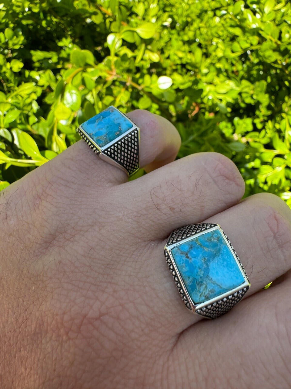HarlemBling Natural Blue Turquoise Gemstone Mens Real Solid 925 Silver Handmade Vintage Ring