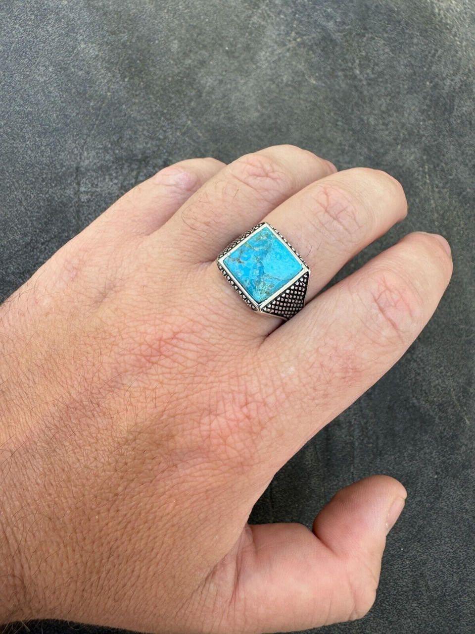HarlemBling Natural Blue Turquoise Gemstone Mens Real Solid 925 Silver Handmade Vintage Ring