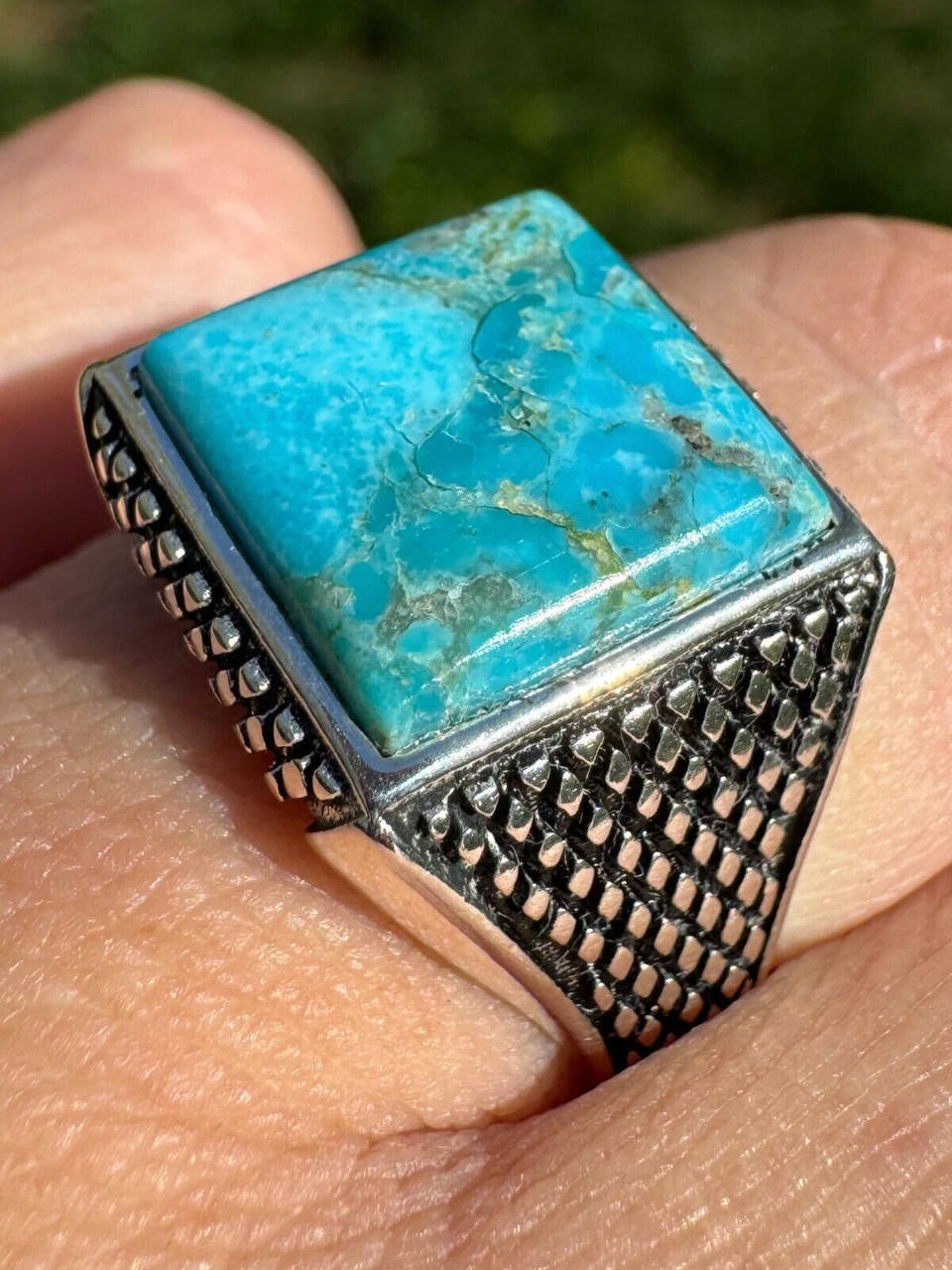 HarlemBling Natural Blue Turquoise Gemstone Mens Real Solid 925 Silver Handmade Vintage Ring