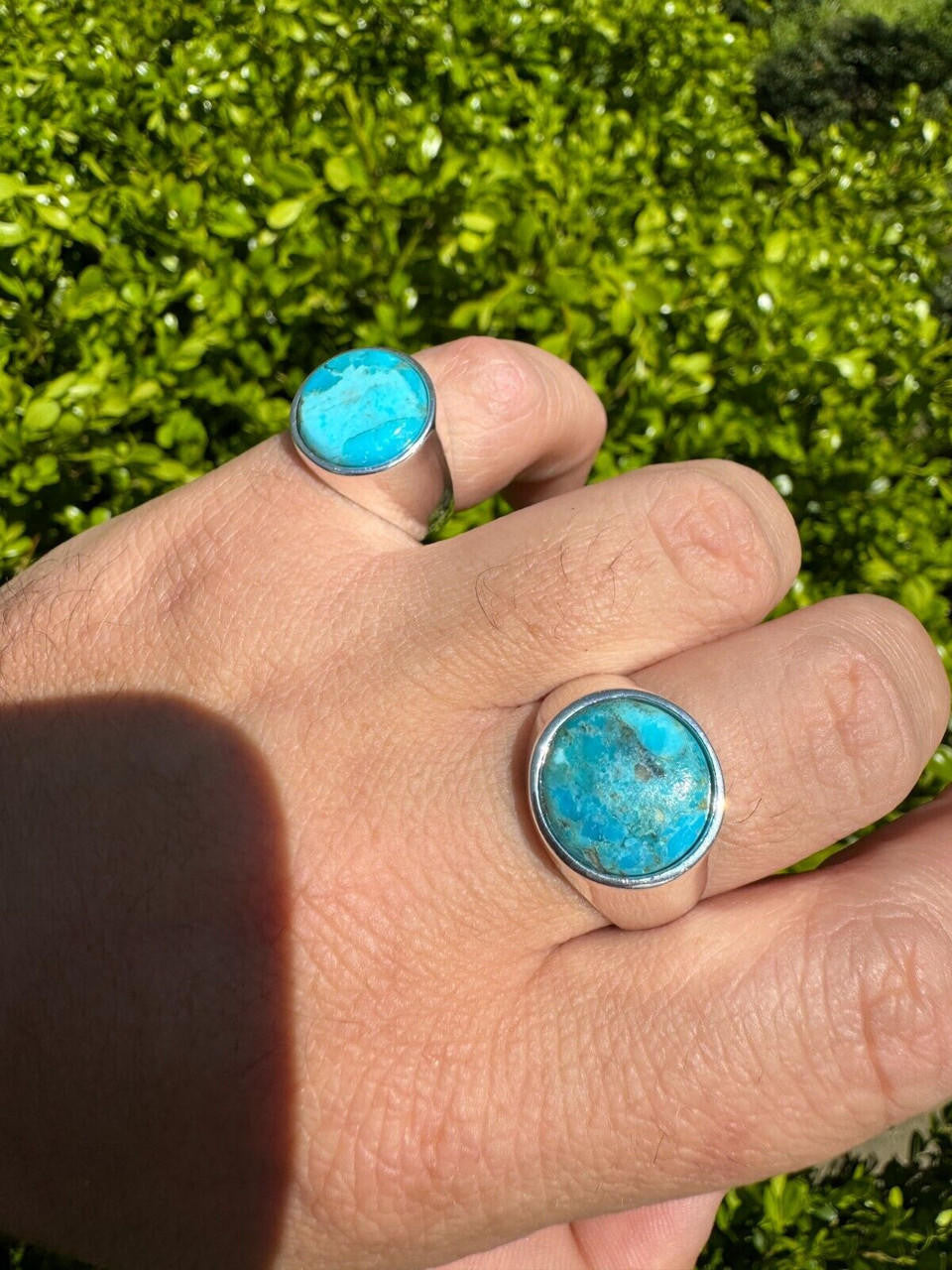 Natural Blue Turquoise Round Gemstone Mens Real Solid 925 Silver